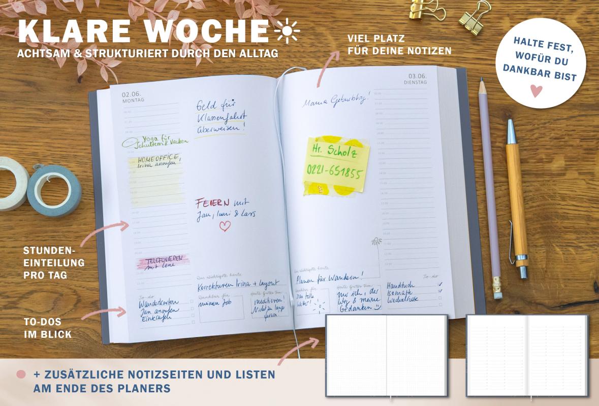 Detailansicht Tagesübersicht A5 Terminkalender 2025, blau weiß rosa